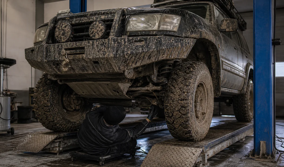 Ilustracja terenówki po off-roadzie podczas kontroli warsztatowej